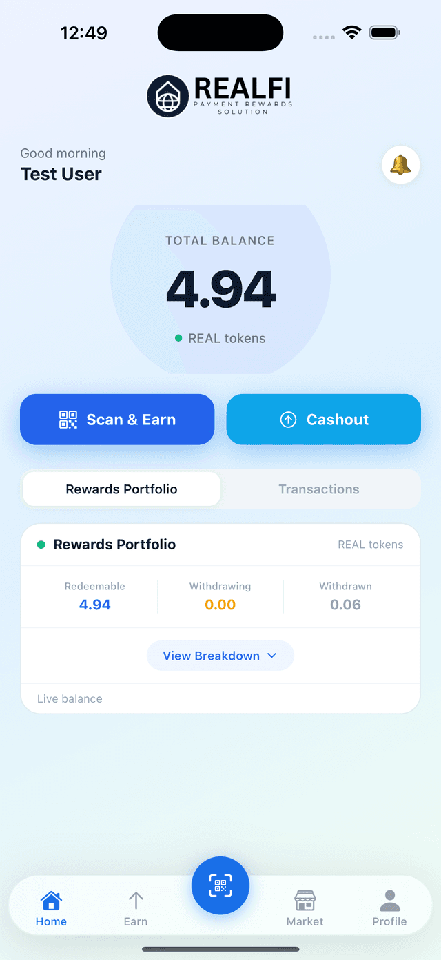 RealFi mobile app - Earn REAL Tokens RealFi mobile app