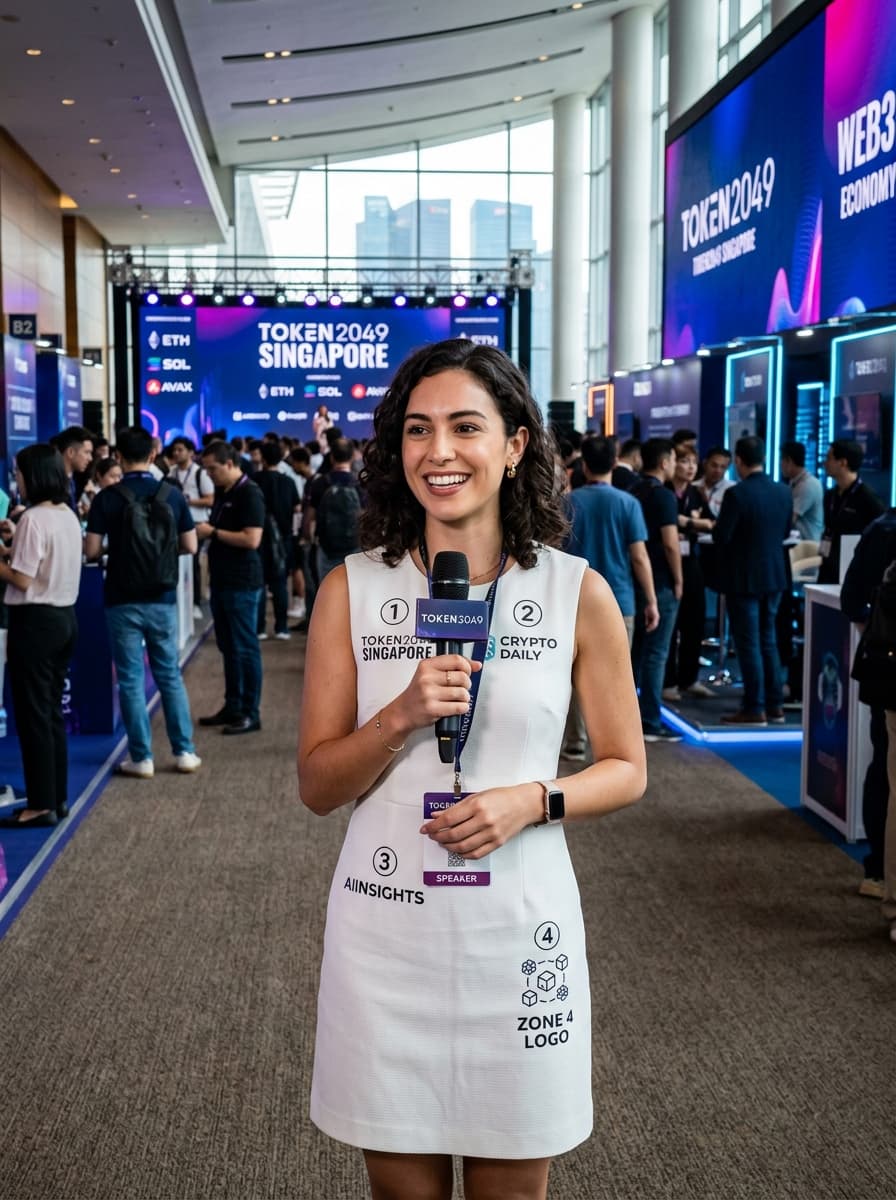 Vanshu (Field Reporter) holding microphone at TOKEN2049 Singapore